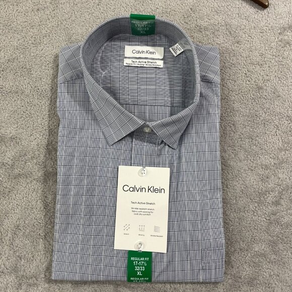 NEW Calvin Klein Mens XL Tech Active Stretch Dress Shirt Plaid Blue - Picture 1 of 5